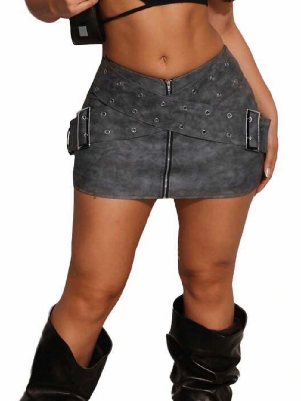 Gray Faux-Leather Grommet Mini Skirt with Buckle Detail